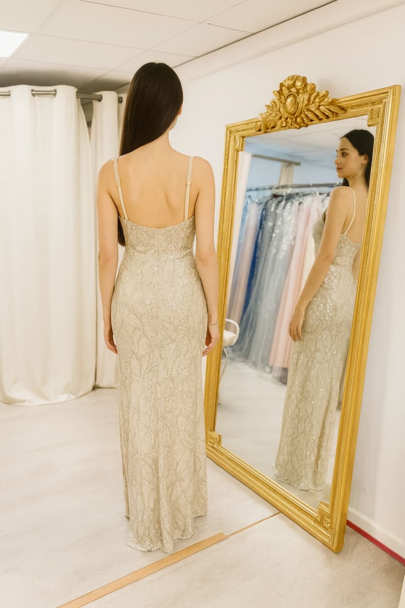 Rachel — robe longue fourreau sequins beige dorés et noir