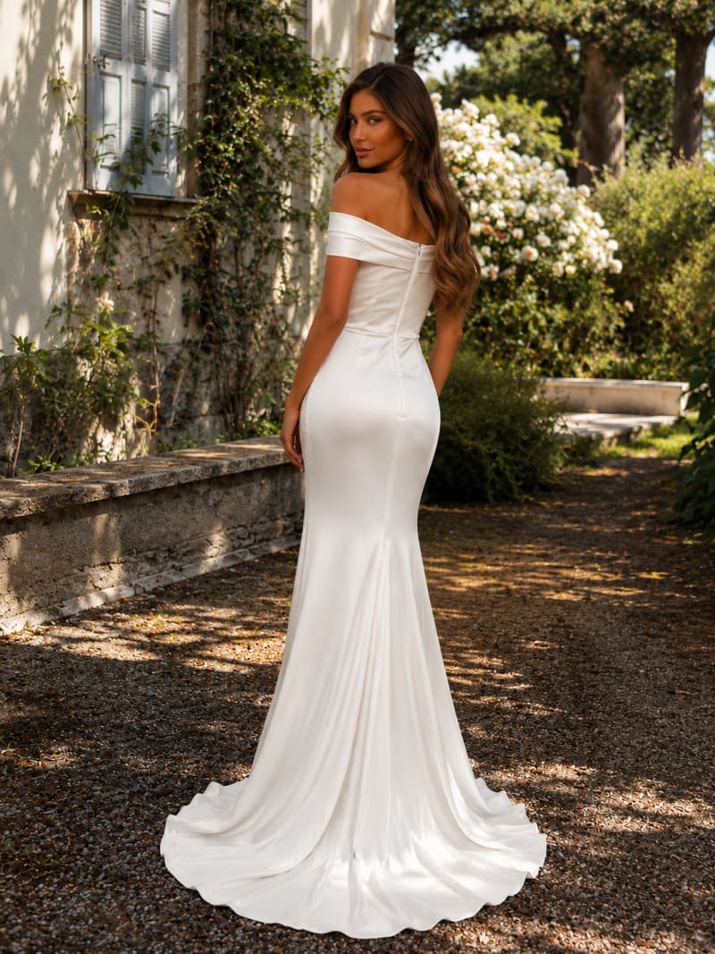 Samantha — robe longue fourreau col bardot drapés fente