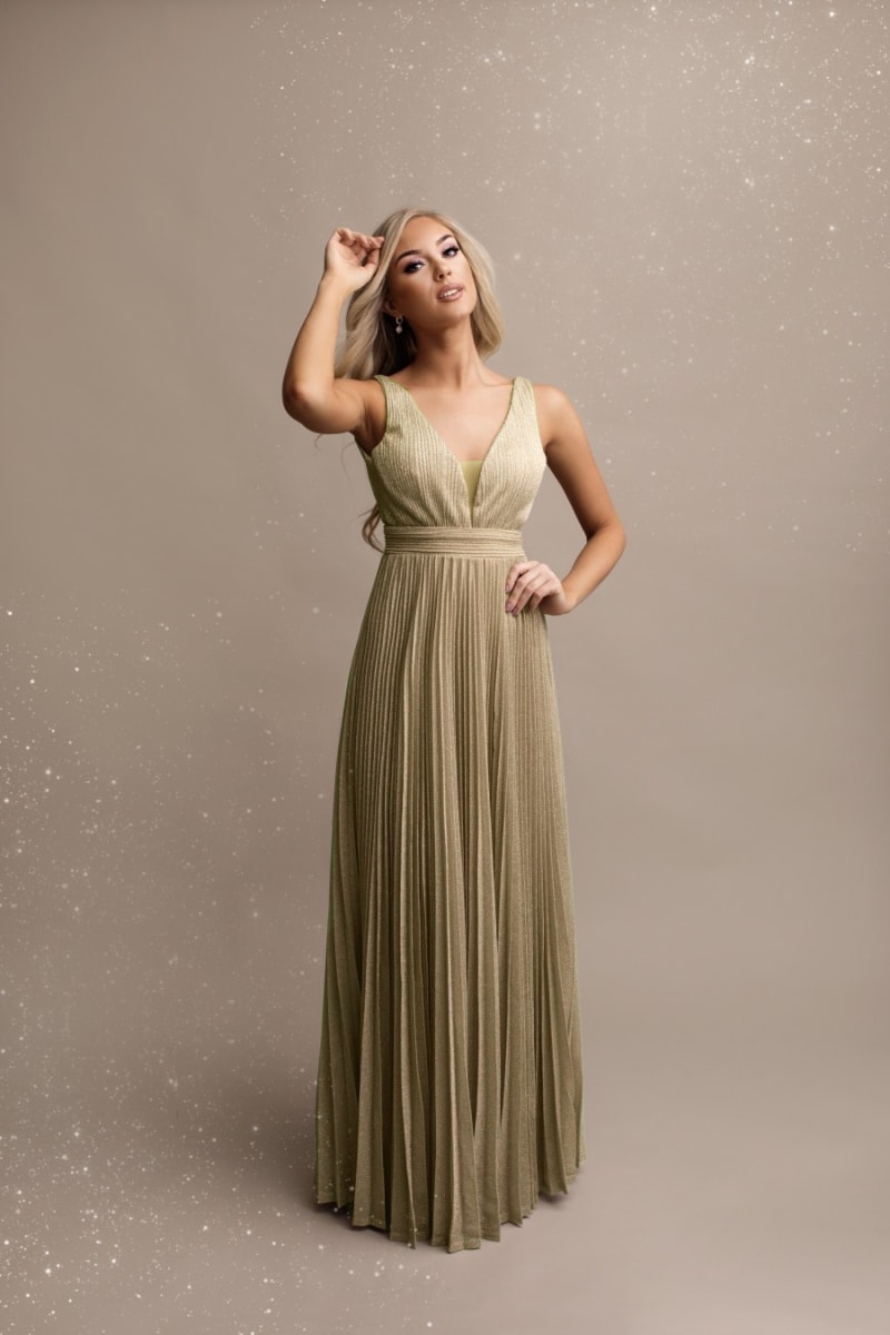 Joely — robe longue fluide plissé soleil pailleté irisé doré