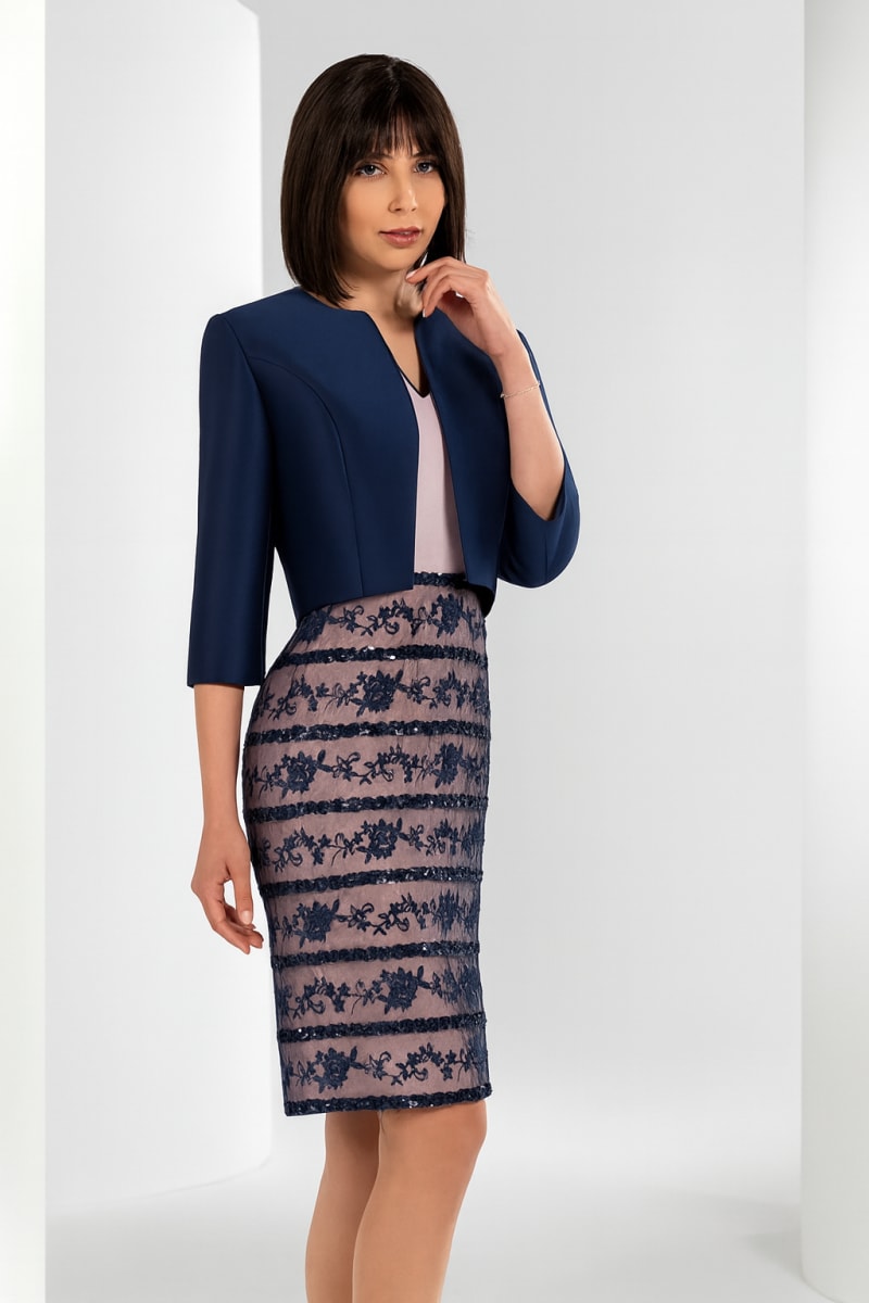 Ewa — robe tailleur 2 pièces satin bleu marine et rose poudré dentelle sequins