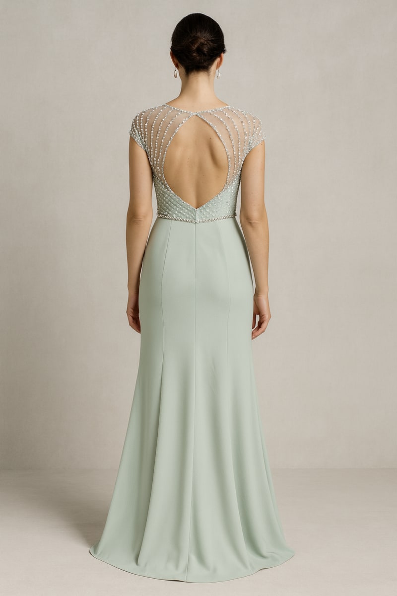 Lucia — robe longue crêpe décolleté cœur perles ceinture strass dos tulle perlé