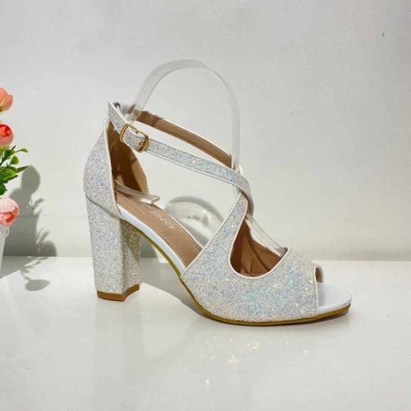 Emilia — sandales brides croisées talon carré 8 cm paillettes irisées