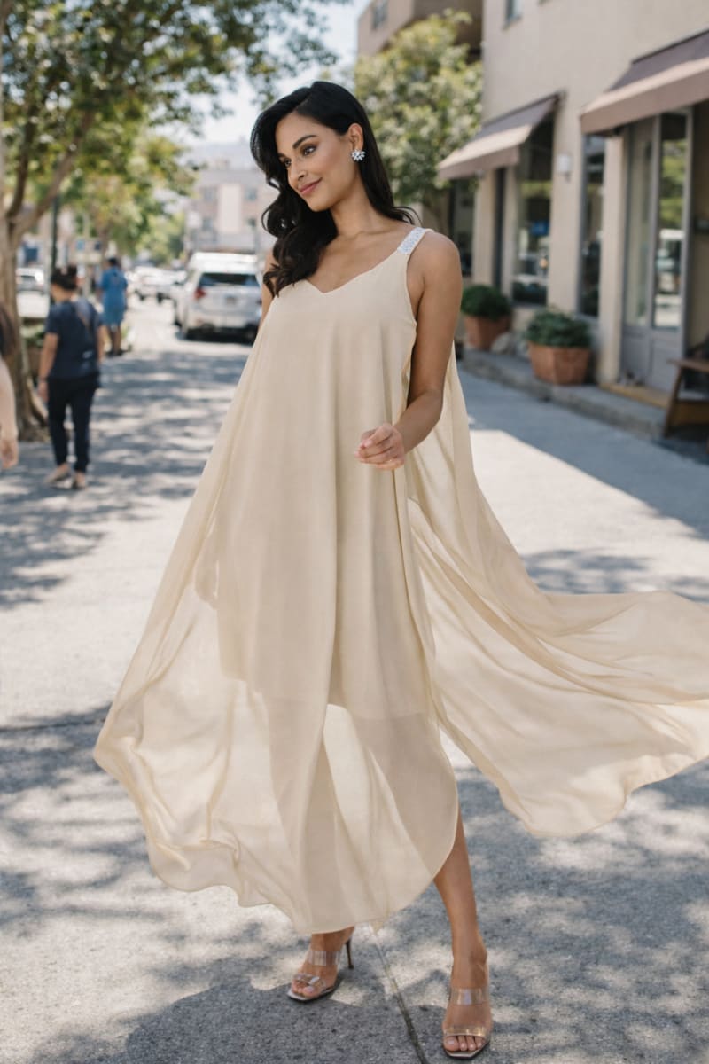 Ysalis — robe cocktail voilages doublure courte bretelles strass décolleté V