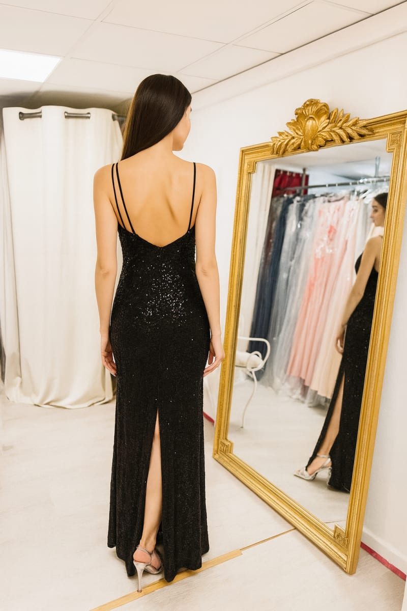 Rachel — robe longue fourreau sequins beige dorés et noir