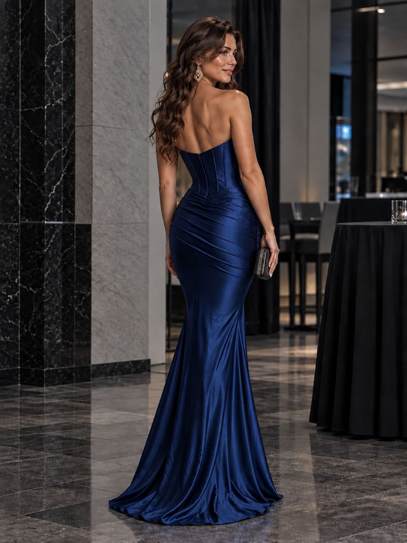 Natasha robe longue bustier fourreau corset baleines drapé taille satinée
