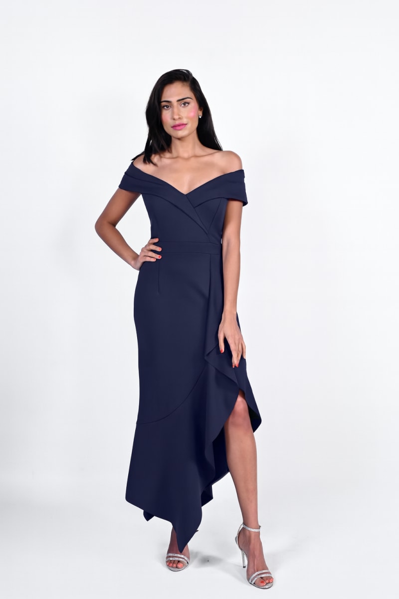 Soélie — robe 3/4 épaules dénudées décolleté bardot volanté
