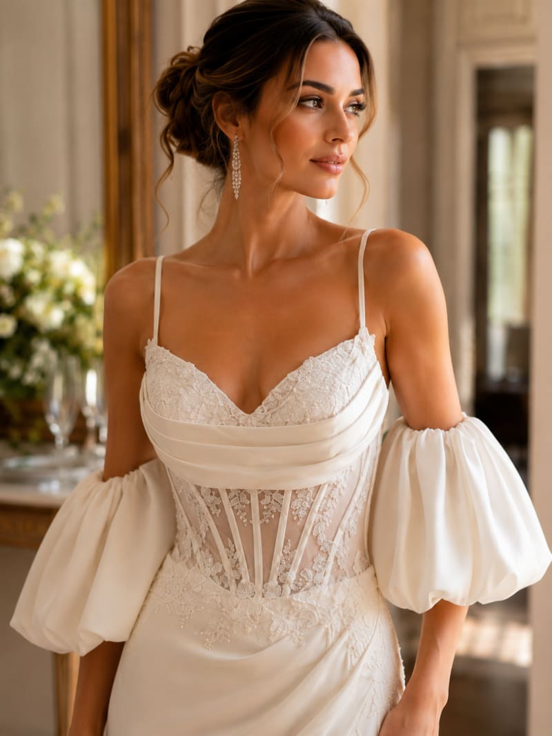 Méva - Robe de mariée longue coupe sirène en crêpe et dentelle