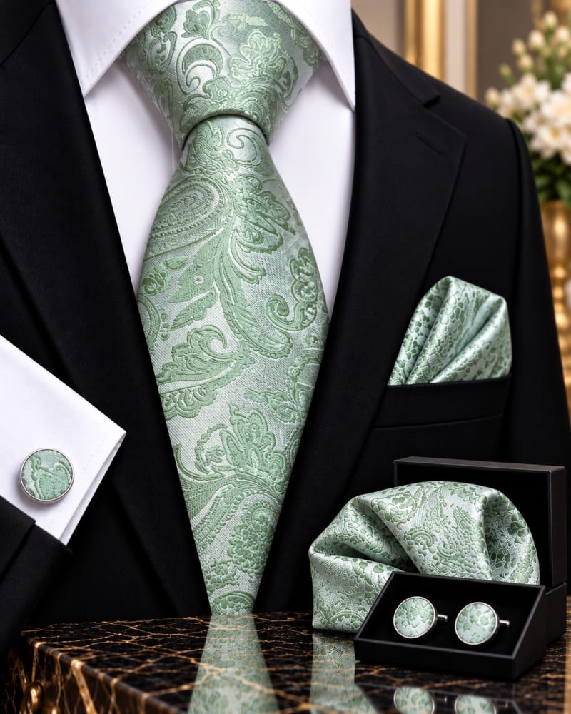 Ensemble cravate, pochette et boutons de manchette paisley vert d'eau 