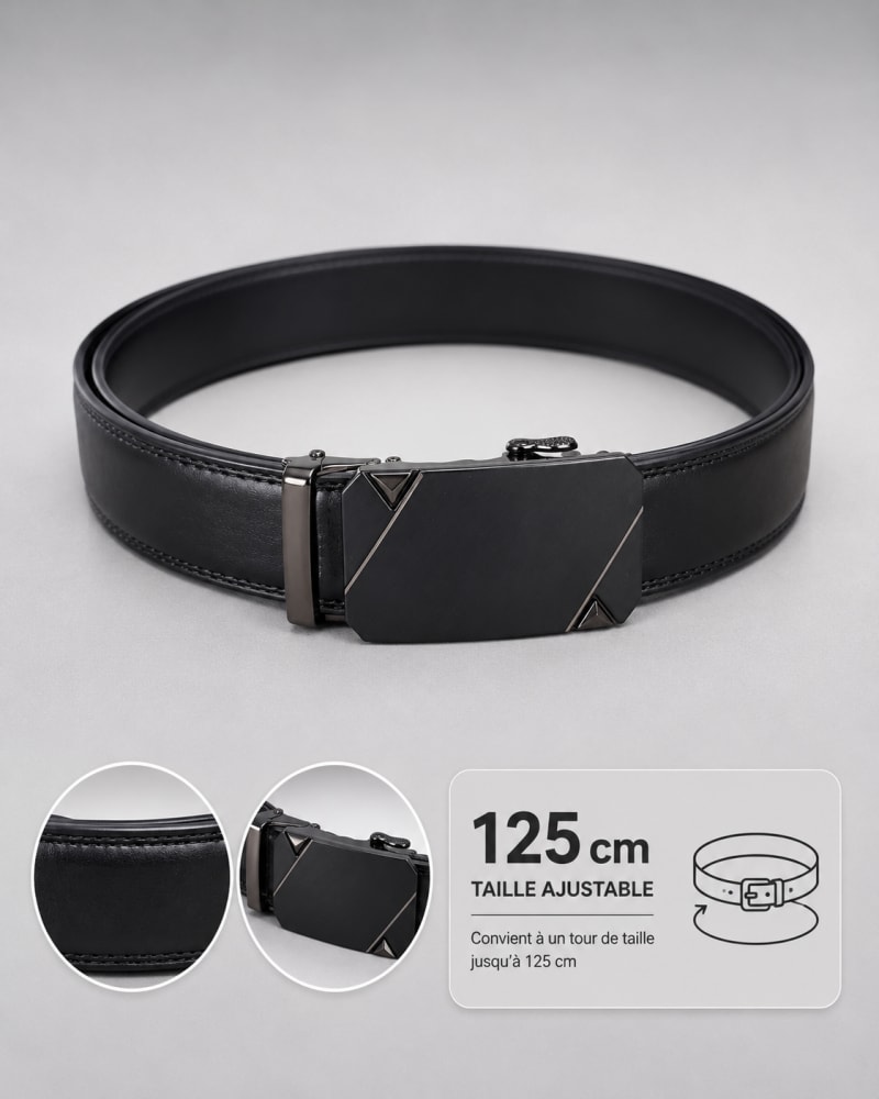 Ceinture homme noire ajustable boucle rectangulaire en métal noir détails métalliques