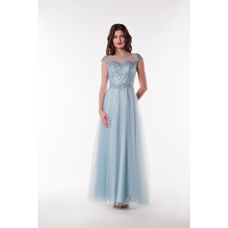 Angèle robe soirée longue tulle dentelle strass bleu ciel