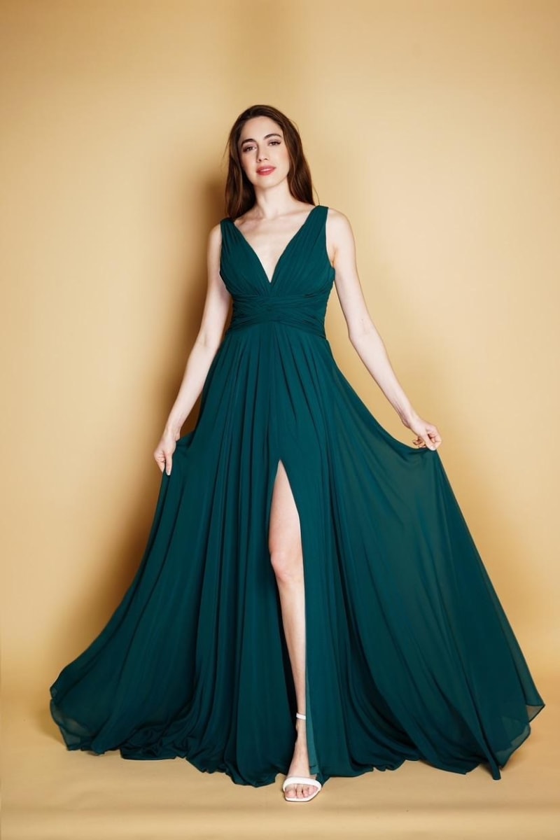 Eglantine — robe longue évasée plissé décolleté V fendue