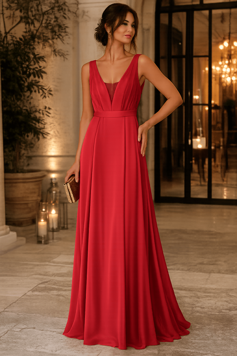 Patricia — robe longue satinée fluide décolleté V profond dos V