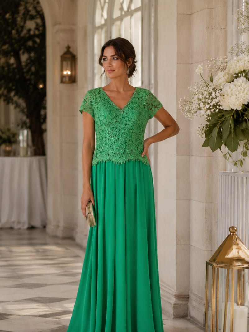 Hasna — robe longue manches courtes dentelle pierres jupe mousseline