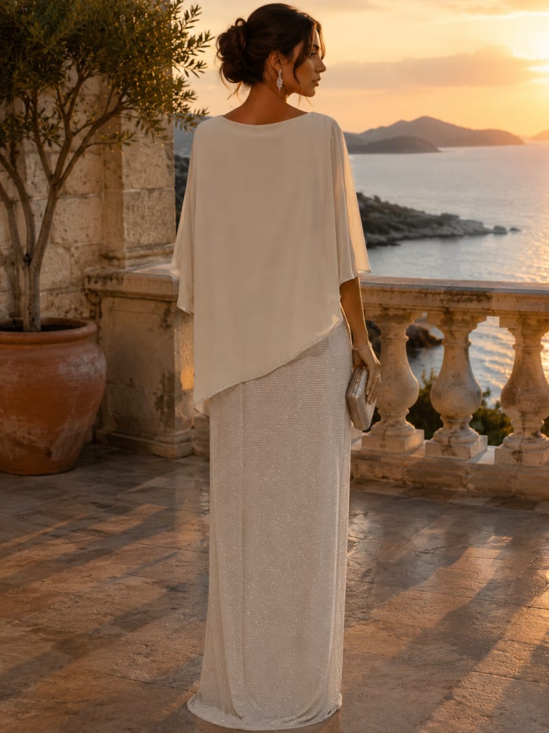 Aleyna — robe longue droite cape mousseline strass fente
