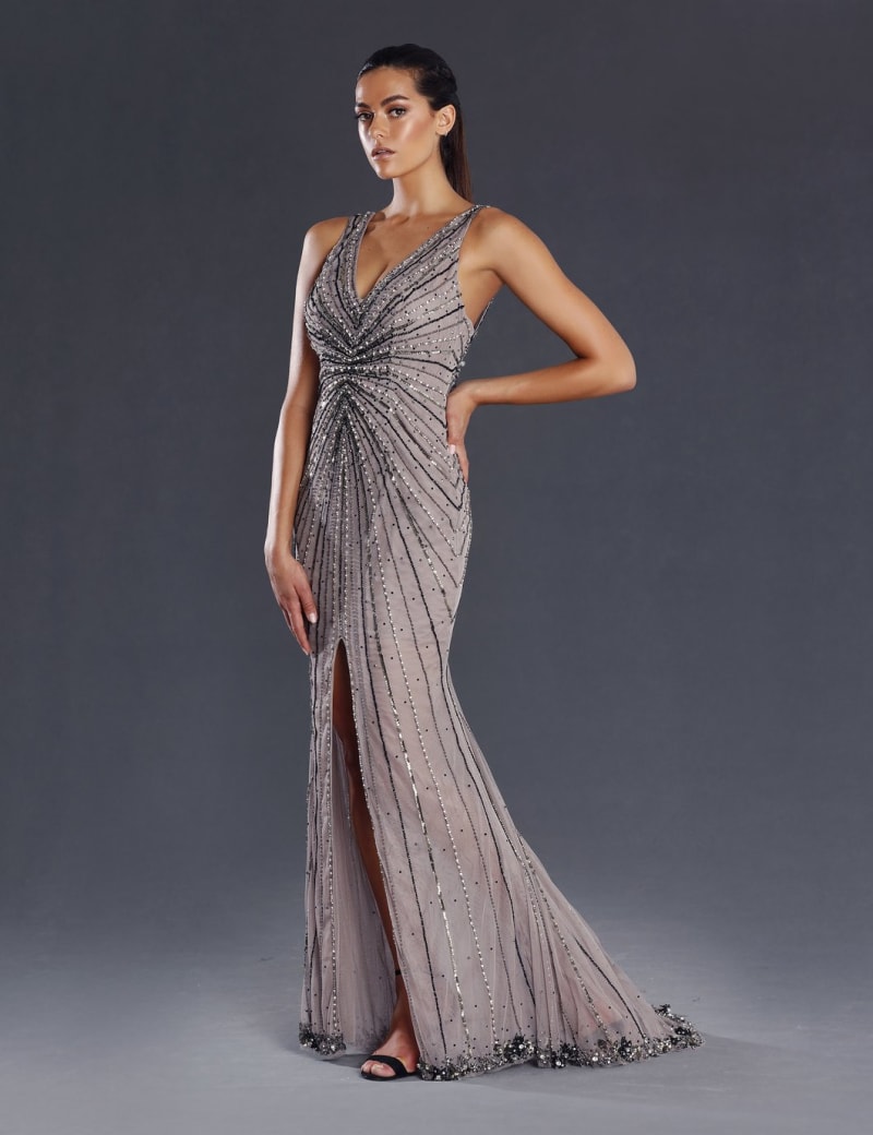 Anaya — robe longue fourreau tulle brodée perles strass sequins