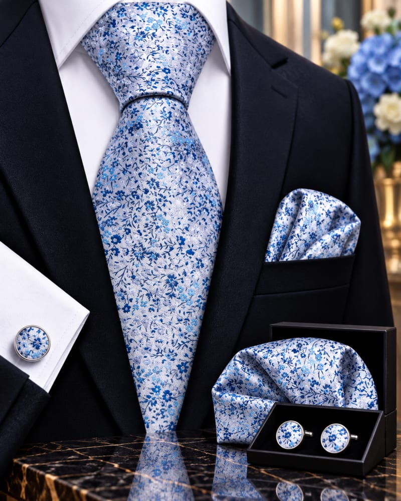 Ensemble cravate, pochette et boutons de manchette bleu ciel a petites fleurs