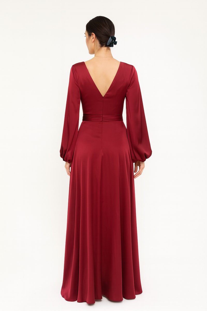 Laora — robe longue fluide bustier décolleté V manches longues fentes