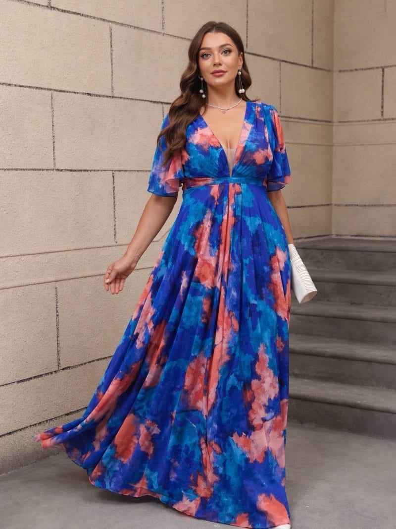 Néssa - Robe de cérémonie longue imprimée à manches papillon