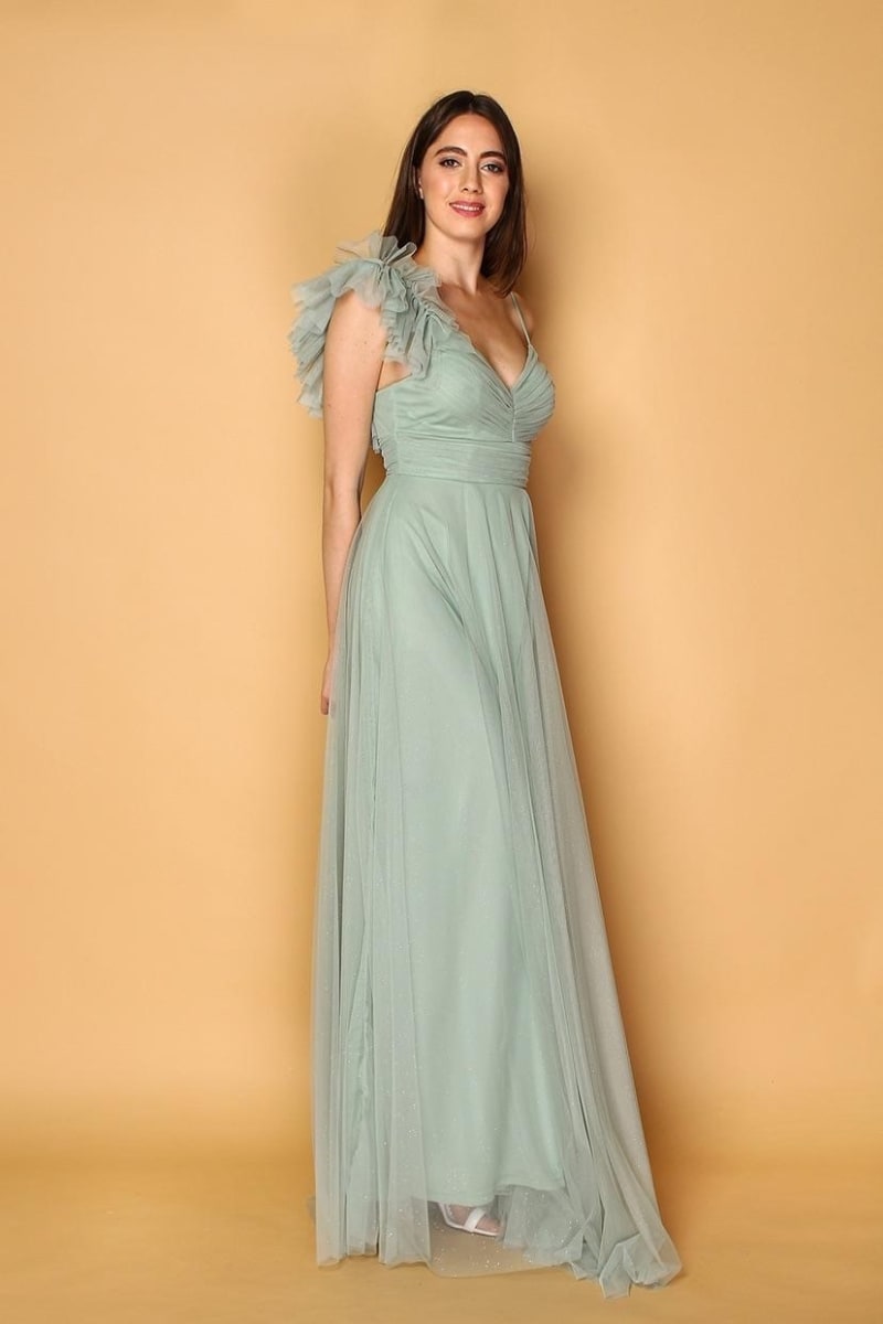 Yasmina — robe longue tulle décolleté V plissé taille fines bretelles