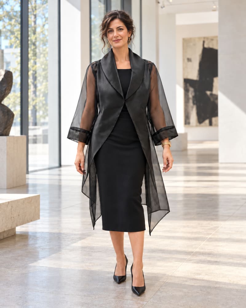 Veste longue en organza – col châle et manches transparentes