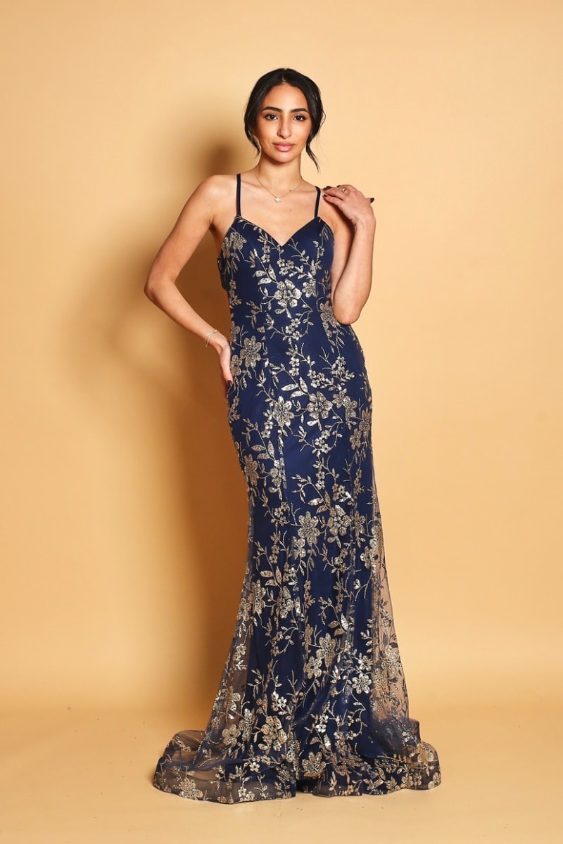 Elvira — robe longue sirène décolleté V dos nu tulle paillettes