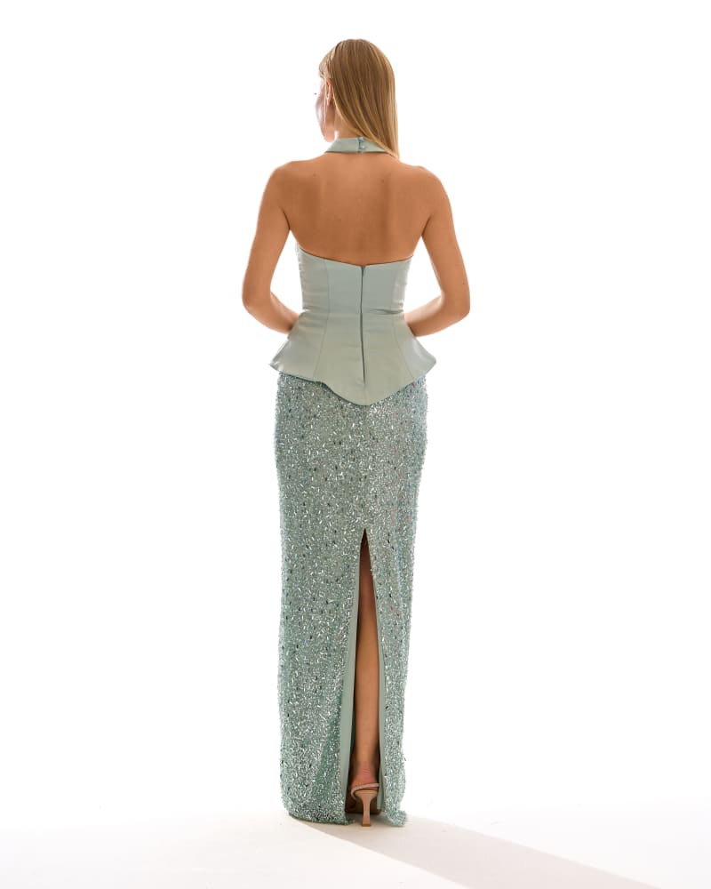 Donia - Robe longue bustier à sequins vert d’eau