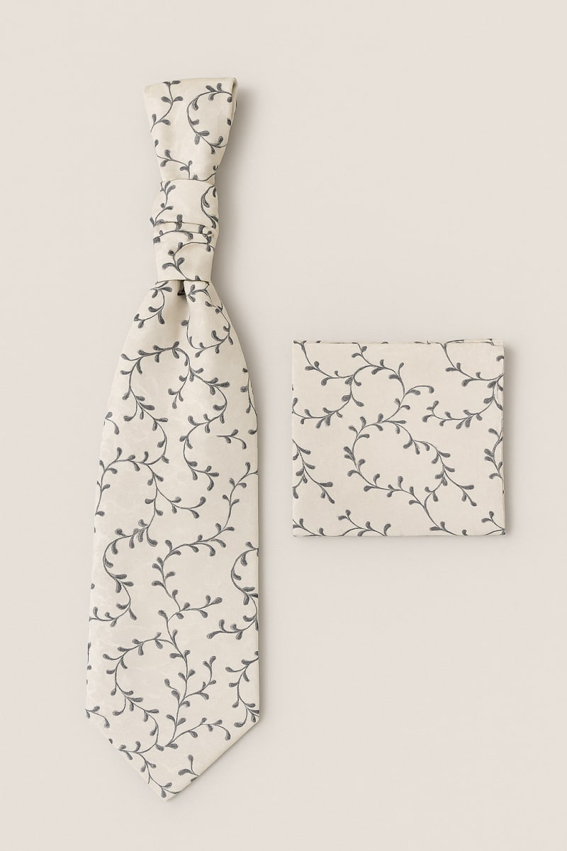 Lavallière A2081 tissu motif feuillage gris et beige