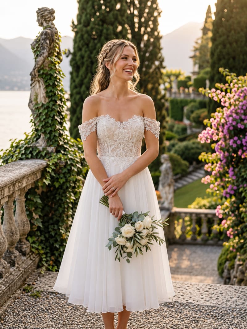 Béryl - Robe de mariée midi en mousseline fluide, bustier en dentelle brodée et épaules dénudées