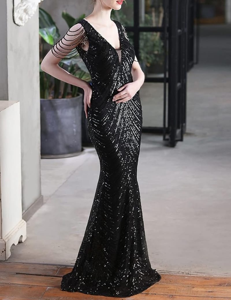 Oriana — robe longue fourreau sequins perles épaules