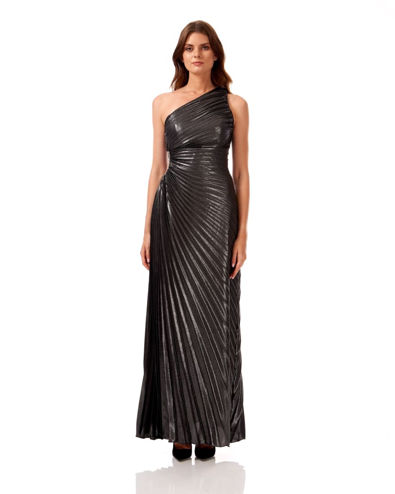 Chiara — robe longue plissé soleil décolleté asymétrique strass