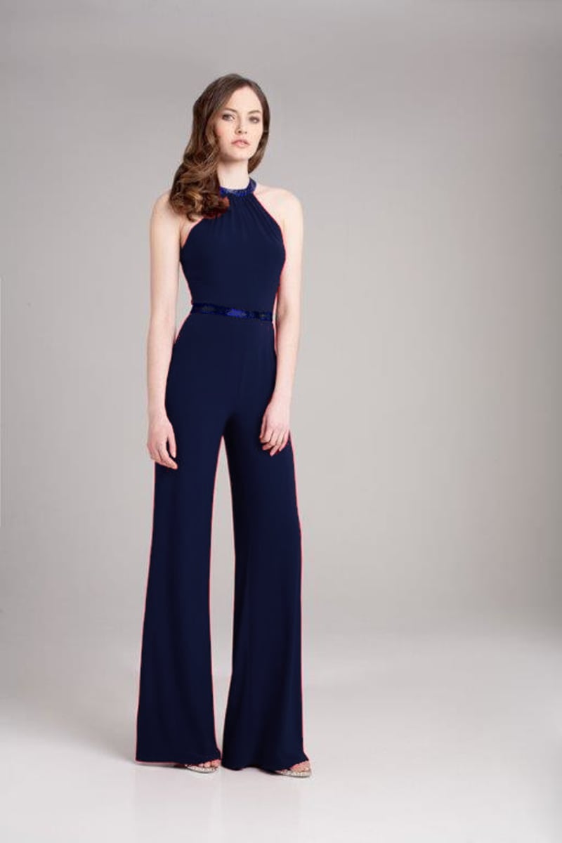 Christiane — combinaison pantalon jersey bleu marine ceinture strass