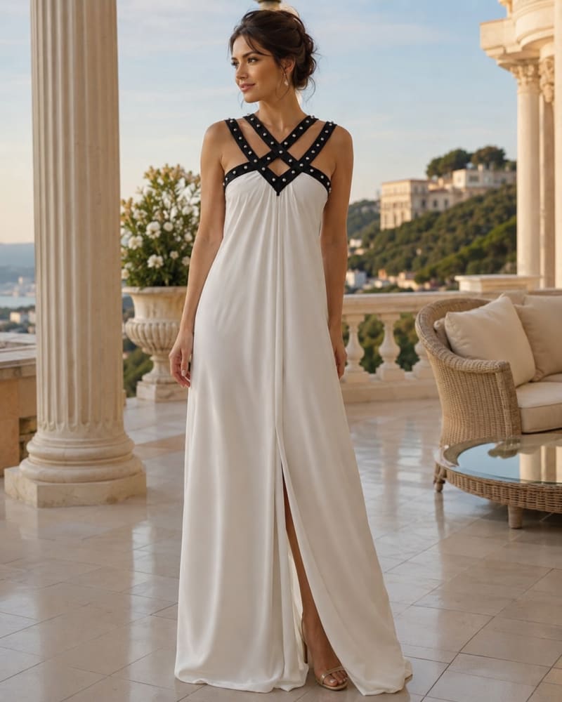 Charlotte — robe longue fluide mousseline bretelles strass