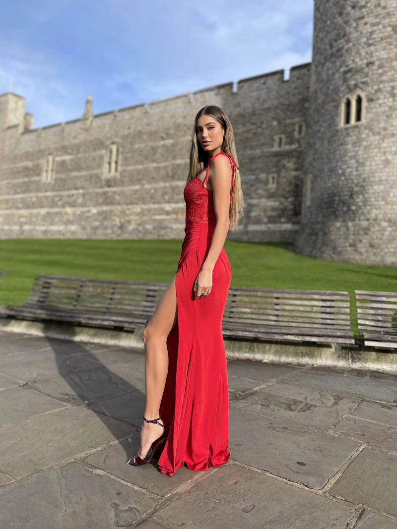 Cameron — robe longue fourreau bustier dentelle bretelles nouées