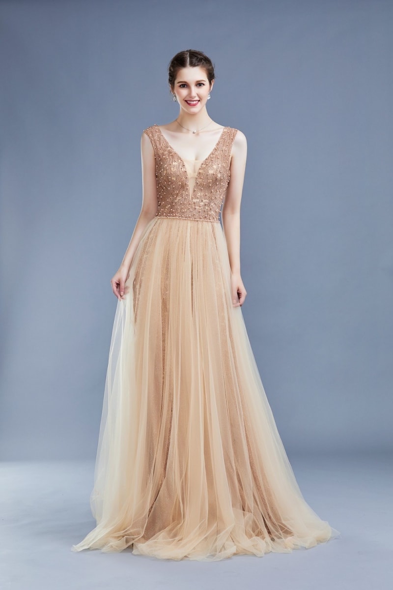 Pétunia — robe longue tulle pailleté perles ceinture perlée
