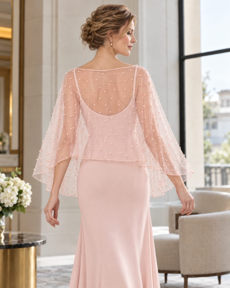 Cape courte en tulle rose poudré transparent ornée de perles
