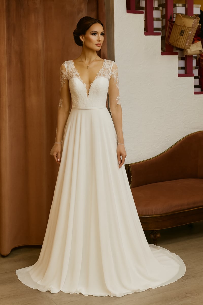 Aelis — robe longue fluide bustier dentelle manches longues