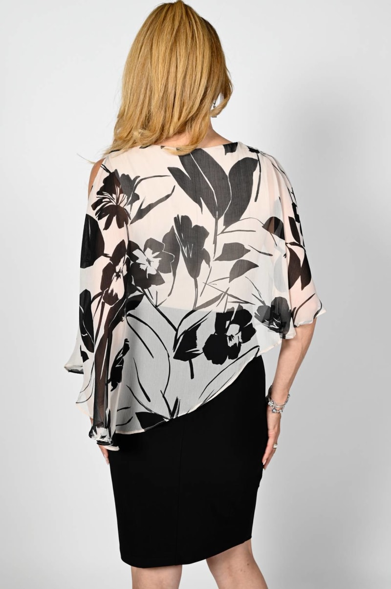 Lénora — robe courte droite top mousseline imprimée col rond boléro cape strass