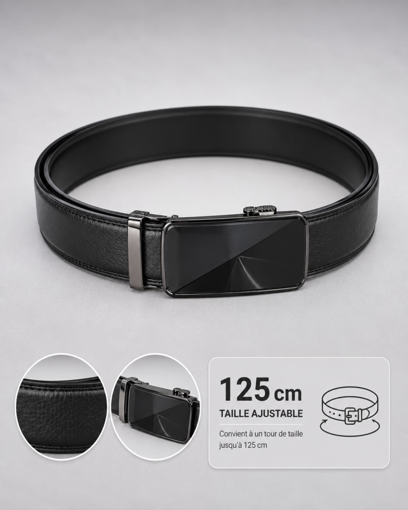 Ceinture homme noire ajustable boucle automatique rectangulaire en métal noir miroir