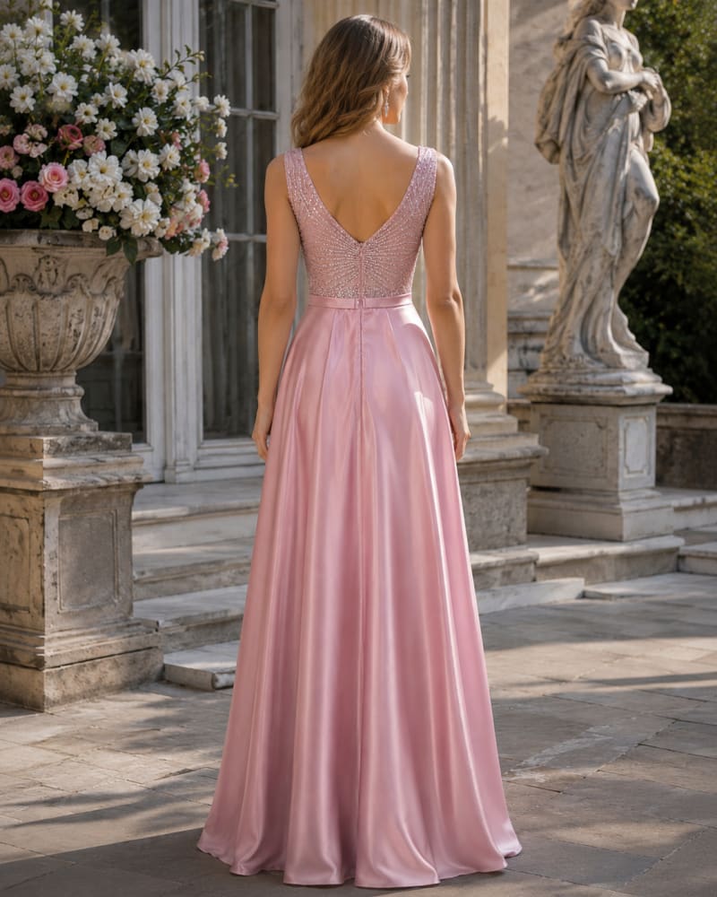 Ciara — robe longue satin fluide décolleté V paillettes perles