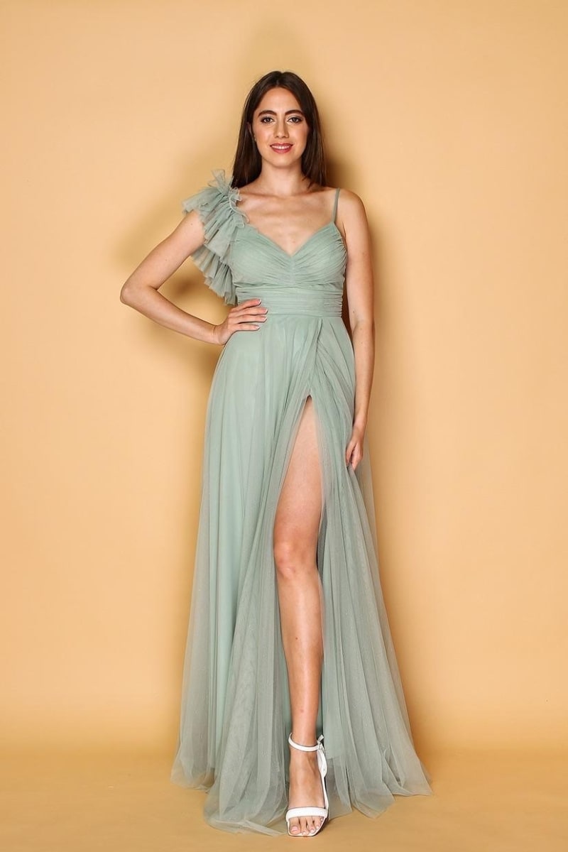 Yasmina — robe longue tulle décolleté V plissé taille fines bretelles