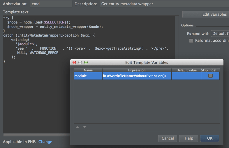 phpstorm live templates