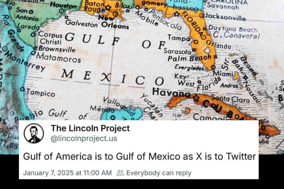 gulf of mexico meme: Memes A classic map of the Gulf of Mexico with a tweet overlay that humorously compares renaming it to "Gulf of America" as equivalent to Twitter's rebranding to "X."