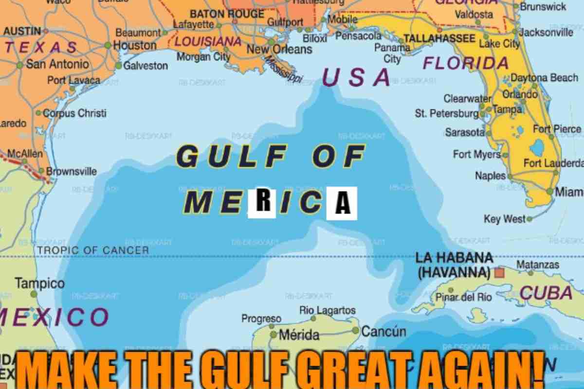 gulf of merica meme: Memes A map of the Gulf of Mexico edited to spell out "Gulf of Merica" with bold text at the bottom reading "Make the Gulf Great Again!"