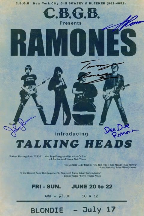 Poster Póster reedición de flyer de Ramones en CBGB con Talking Heads y firmas impresas 1975 | Poster Cult