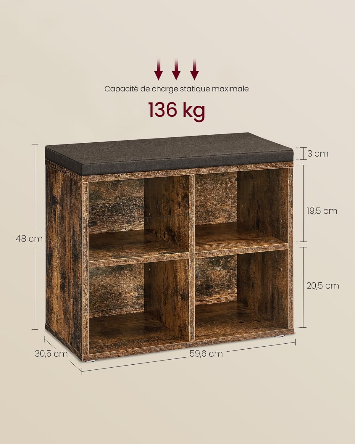 Banc à Chaussures 4 Paires Rustique - dimensions