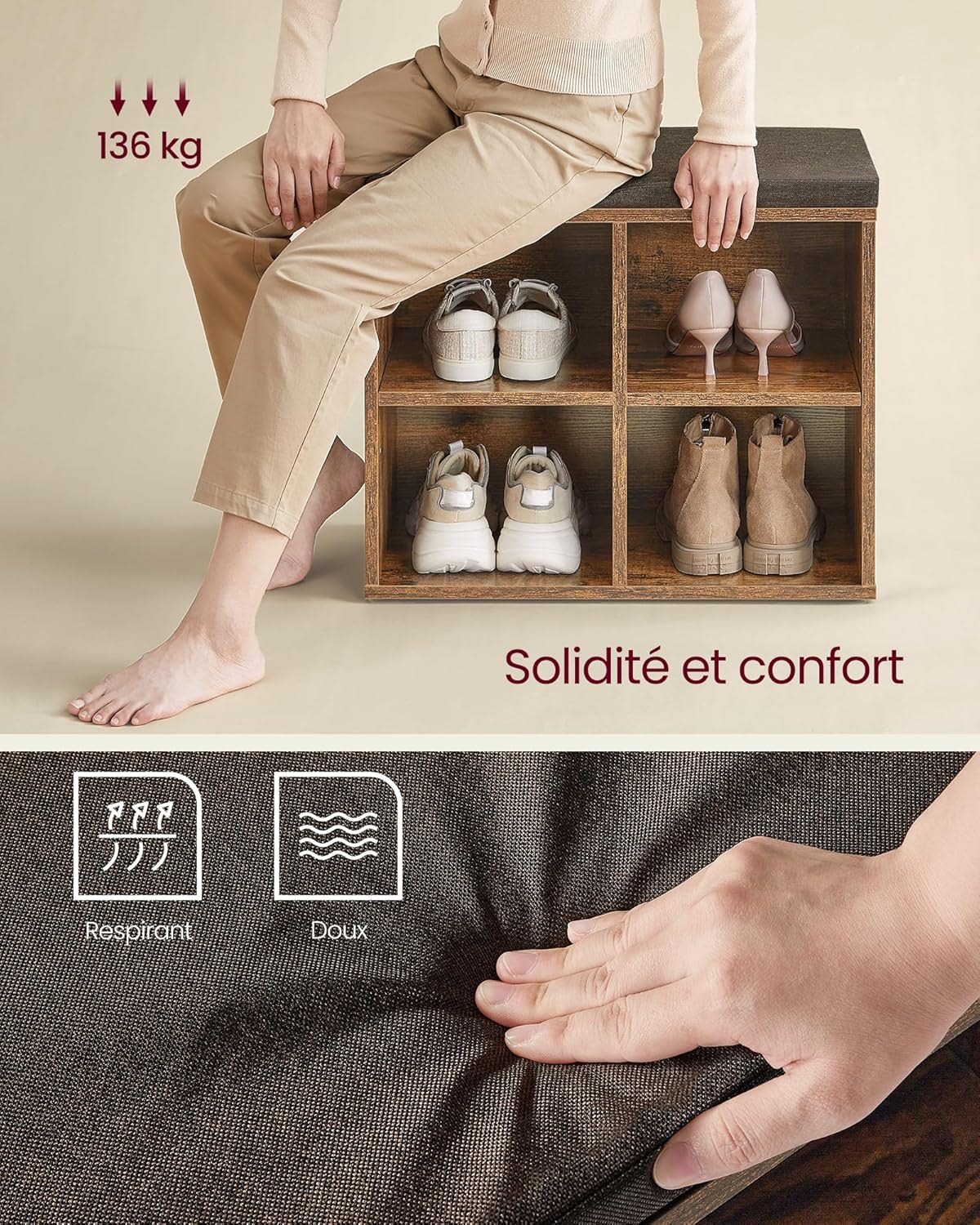 Banc à Chaussures 4 Paires Rustique - détail finition bois