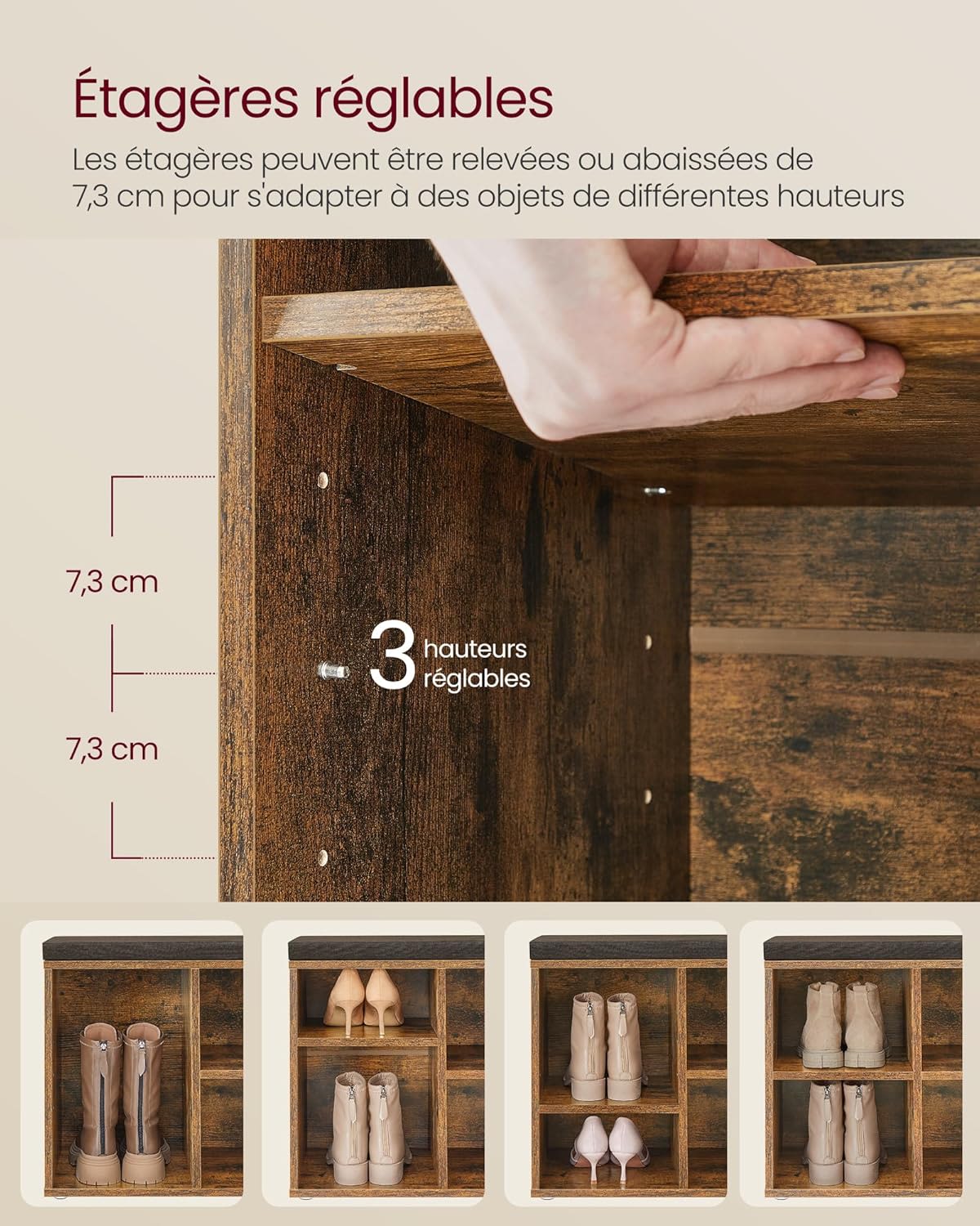 Banc à Chaussures 4 Paires Rustique - poids supporté