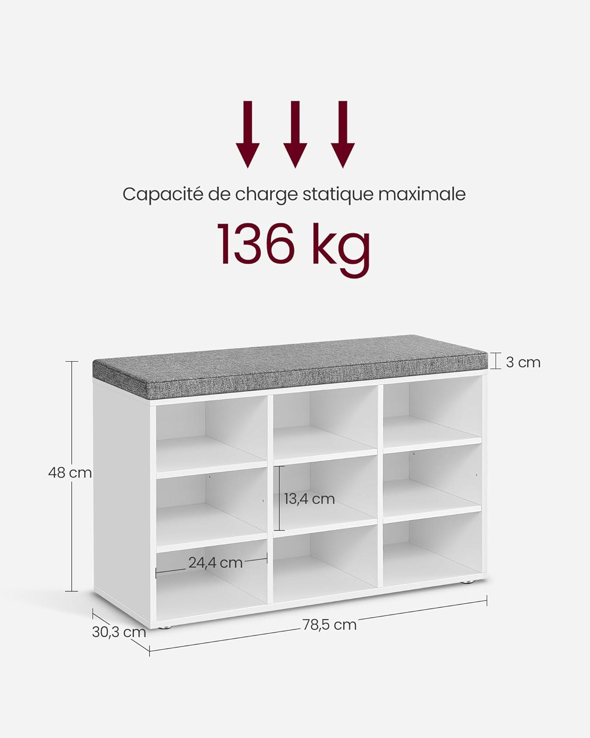 Banc à Chaussures 9 Paires Blanc - dimensions