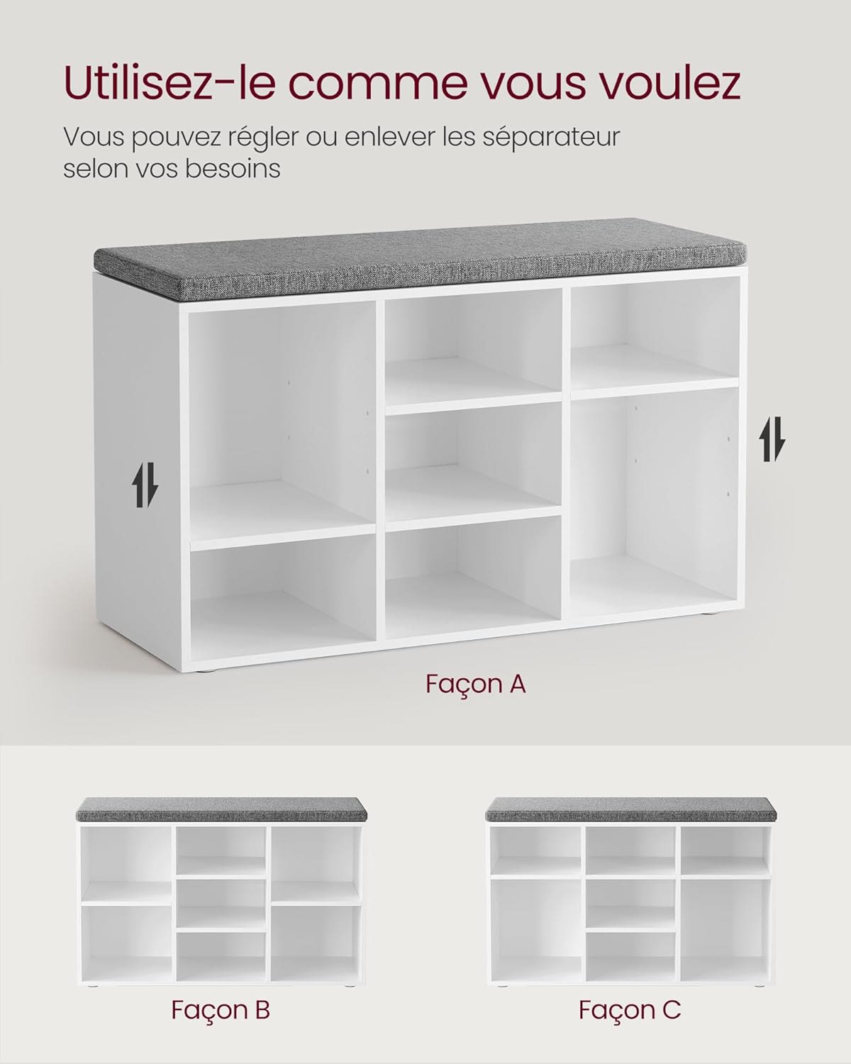 Banc à Chaussures 9 Paires Blanc - intérieur compartiments