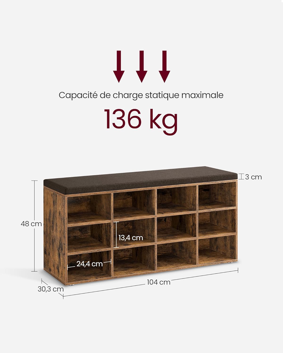 Banc à Chaussures 12 Paires Rustique - dimensions